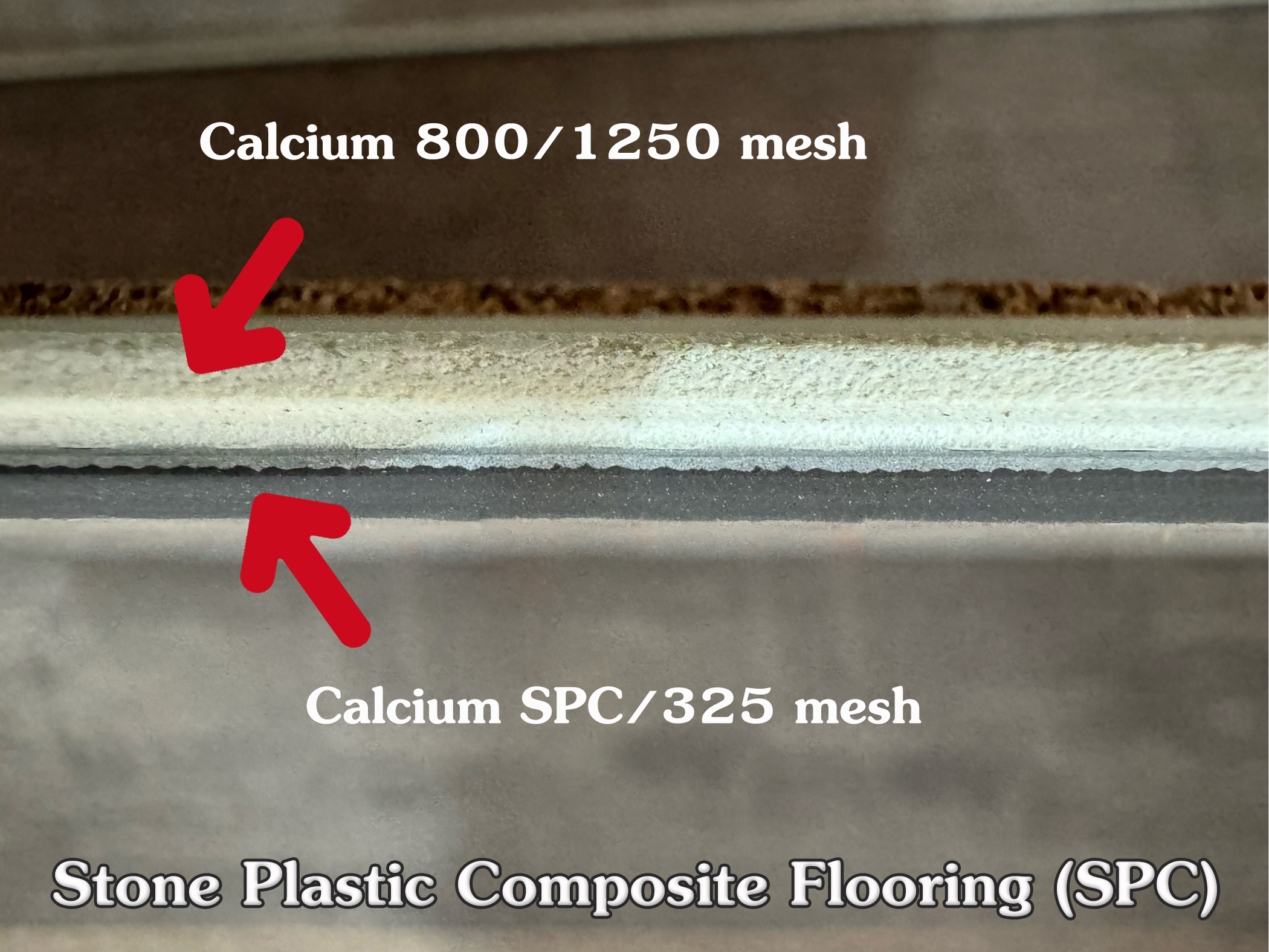 碳酸钙（Calcium Carbonate 或 CaCO₃）是用于 SPC 石塑地板（Stone Plastic Composite Flooring）